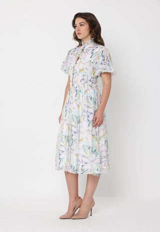 Floral Print Puff Sleeve Elastic Waist A-Line Dress - Glamourous Grace