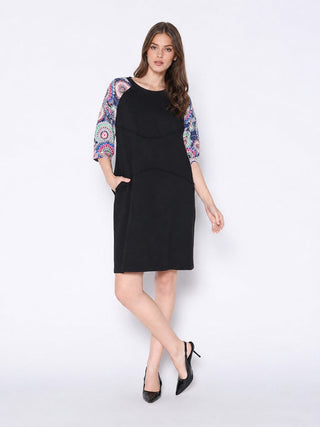 Floral Print Sewing Sleeves Sectioned Mini Dress