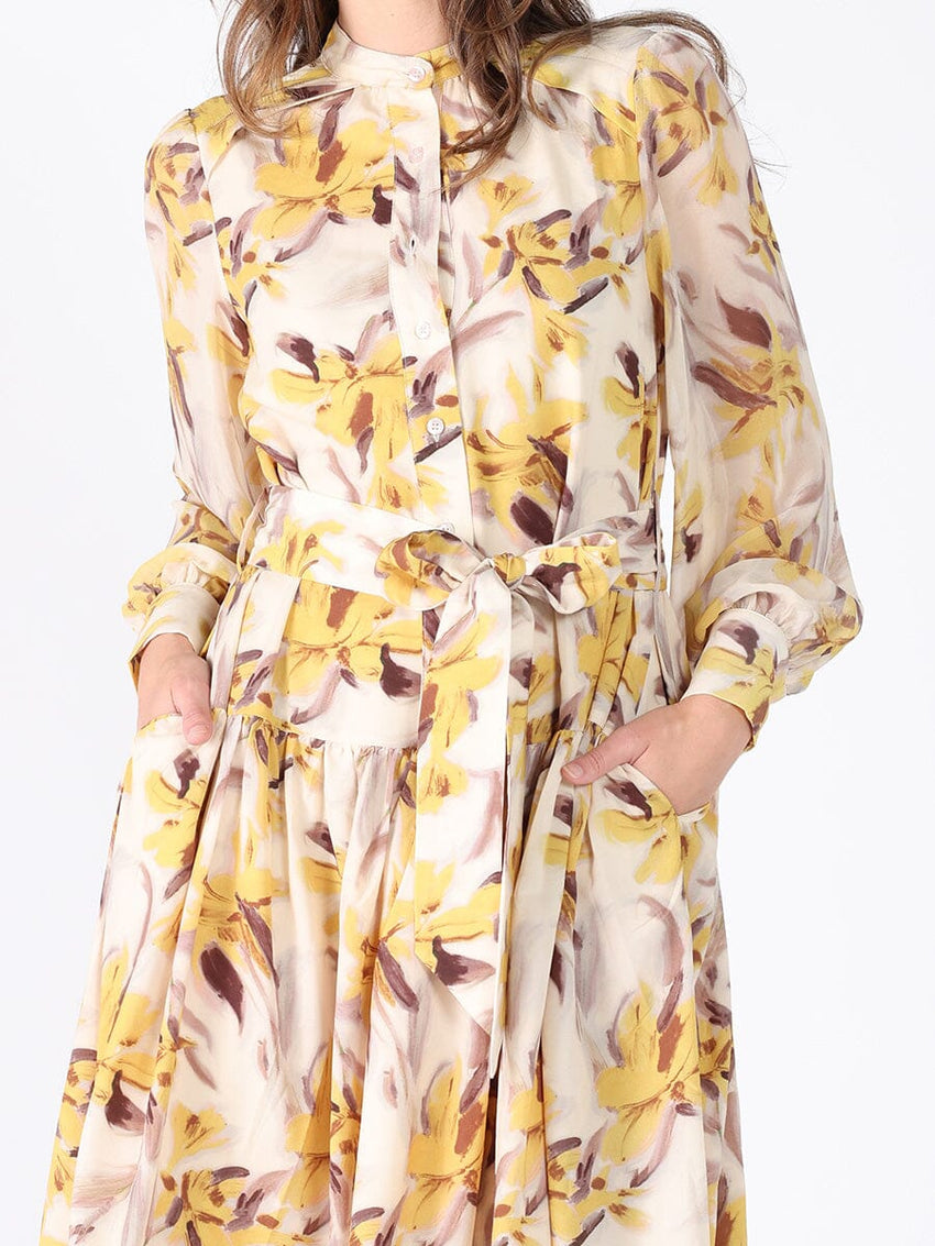 Floral Printed Long Sleeve Belt Dress