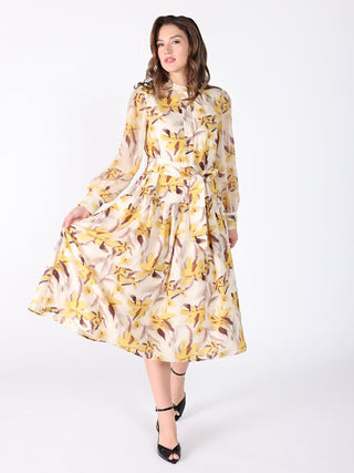 Floral Printed Long Sleeve Belt Dress