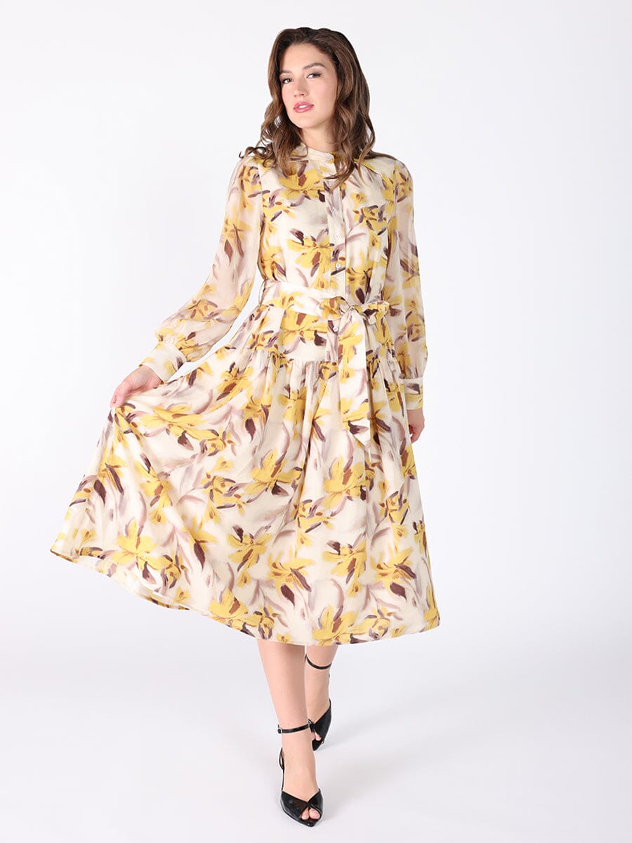 Floral Printed Long Sleeve Belt Dress - Glamourous Grace