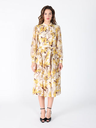 Floral Printed Long Sleeve Belt Dress