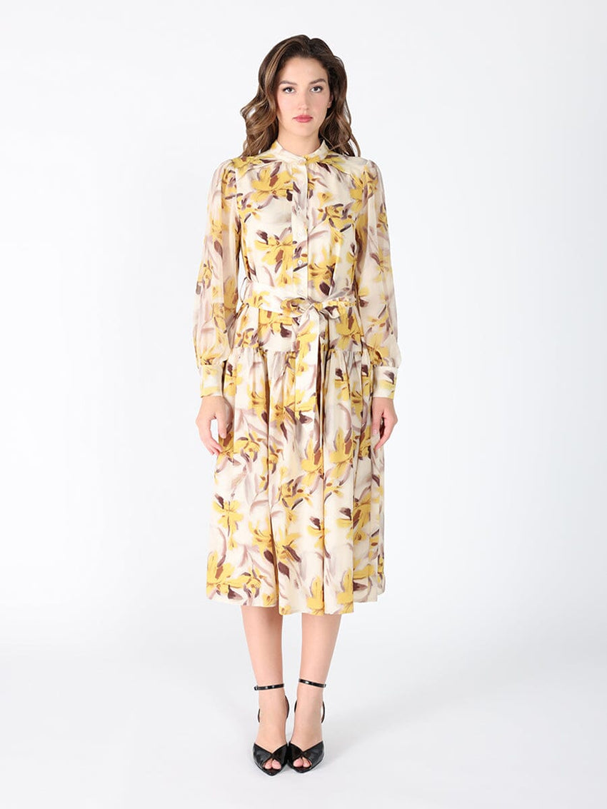 Floral Printed Long Sleeve Belt Dress