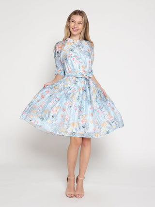 Floral Printed Short Sleeve Belt Dress