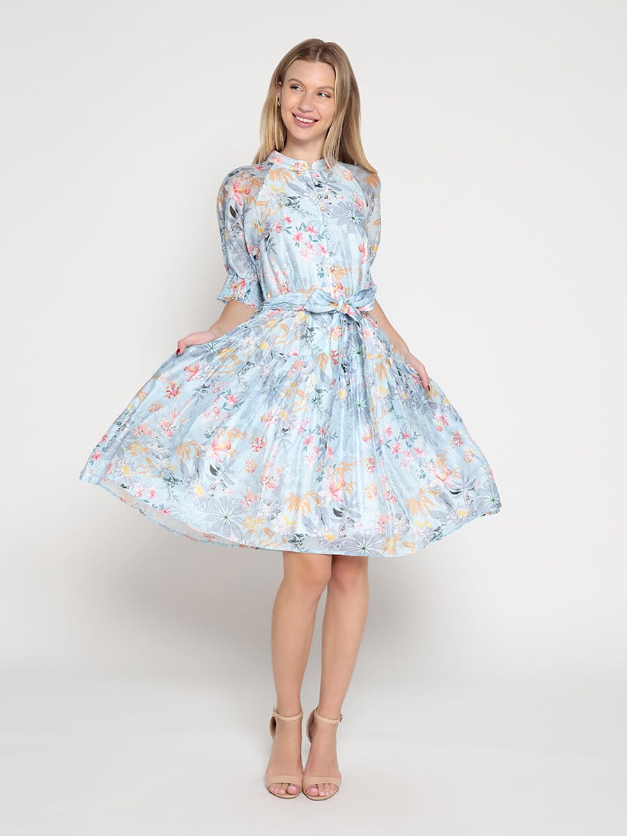 Floral Printed Short Sleeve Belt Dress - Glamourous Grace
