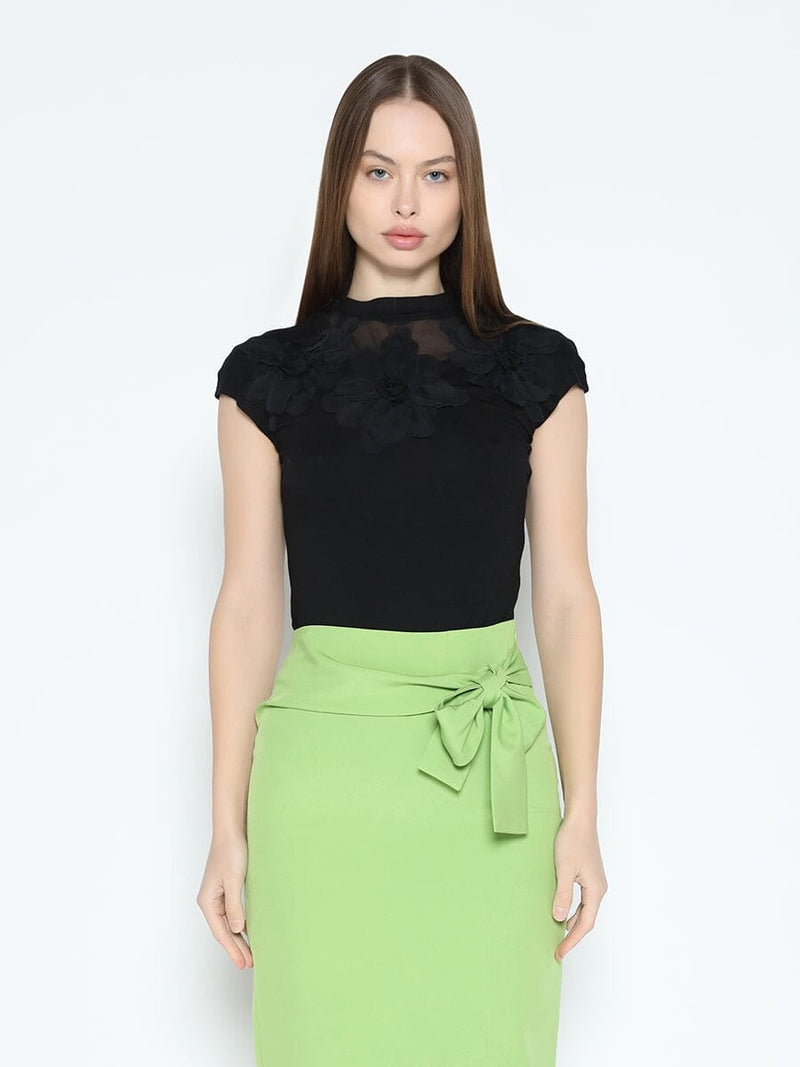 Flower Applique Mock Neck Cap Sleeve Top - Glamourous Grace