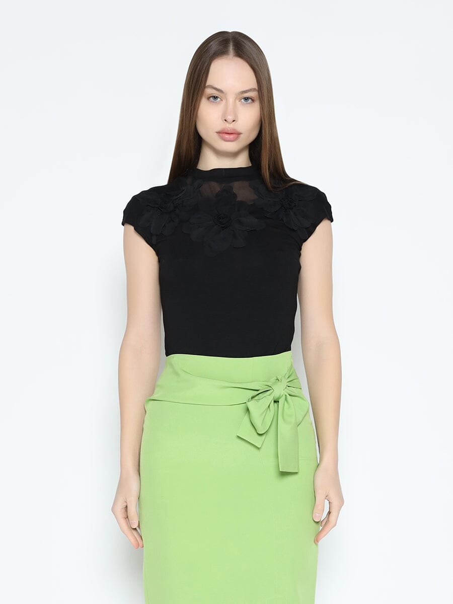 Flower Applique Mock Neck Cap Sleeve Top - Glamourous Grace
