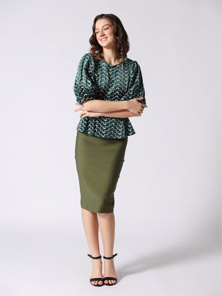 Flower Embroidered Puff Sleeve Peplum Style Blouse