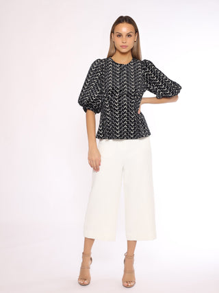 Flower Embroidered Puff Sleeve Peplum Style Blouse - Glamourous Grace