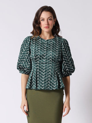 Flower Embroidered Puff Sleeve Peplum Style Blouse