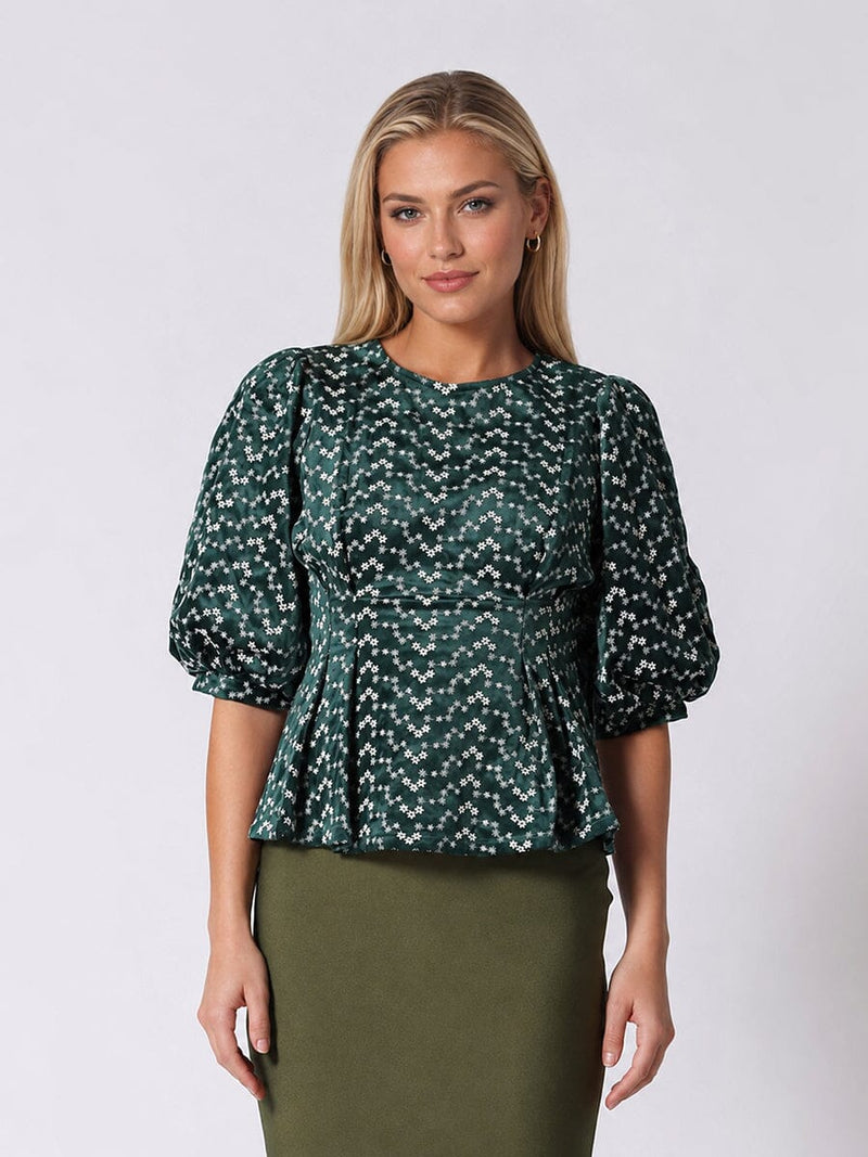 Flower Embroidered Puff Sleeve Peplum Style Blouse - Glamourous Grace