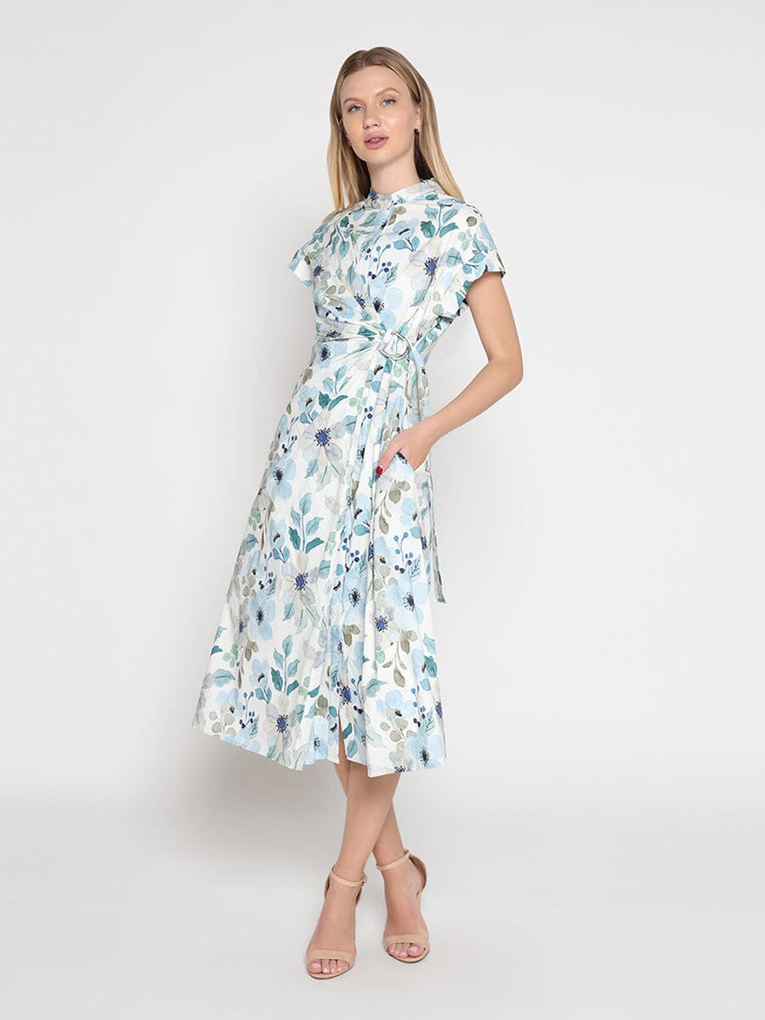 Flower print cross body short sleeve dress