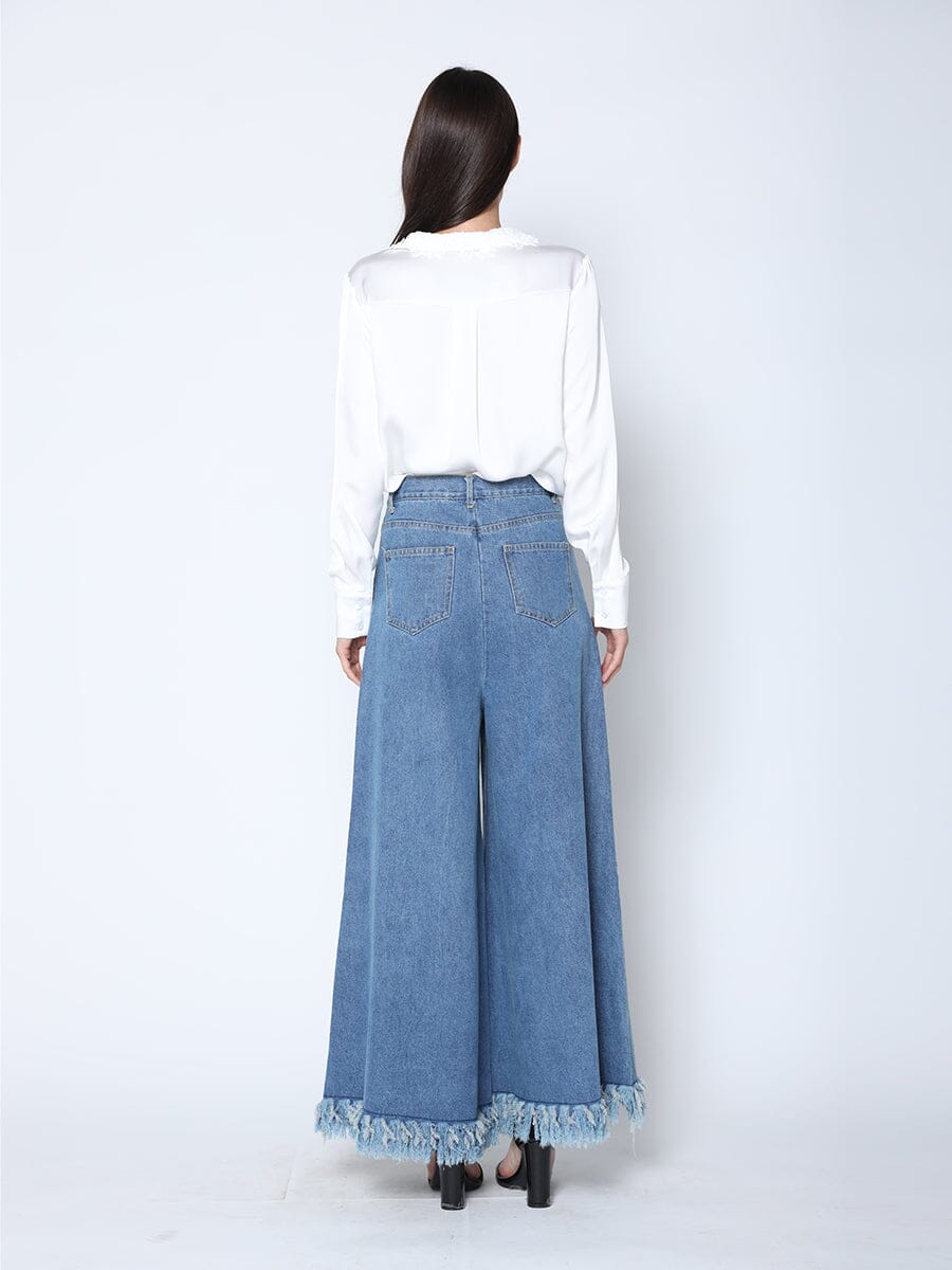 Gracia Fashion Women's Frayed Raw Hem Wide Leg Slouchy Denim Pants - Glamourous Grace