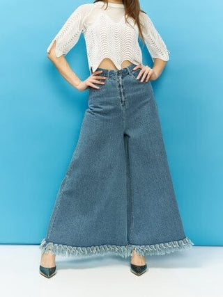 Gracia Fashion Women's Frayed Raw Hem Wide Leg Slouchy Denim Pants - Glamourous Grace