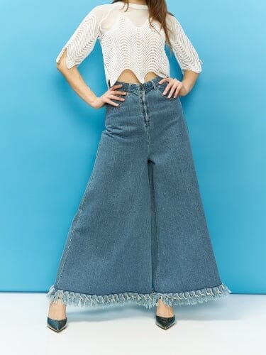 Gracia Fashion Women's Frayed Raw Hem Wide Leg Slouchy Denim Pants - Glamourous Grace