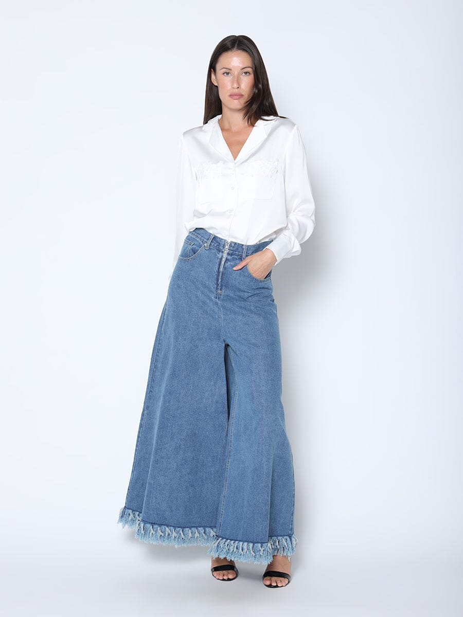 Gracia Fashion Women's Frayed Raw Hem Wide Leg Slouchy Denim Pants - Glamourous Grace