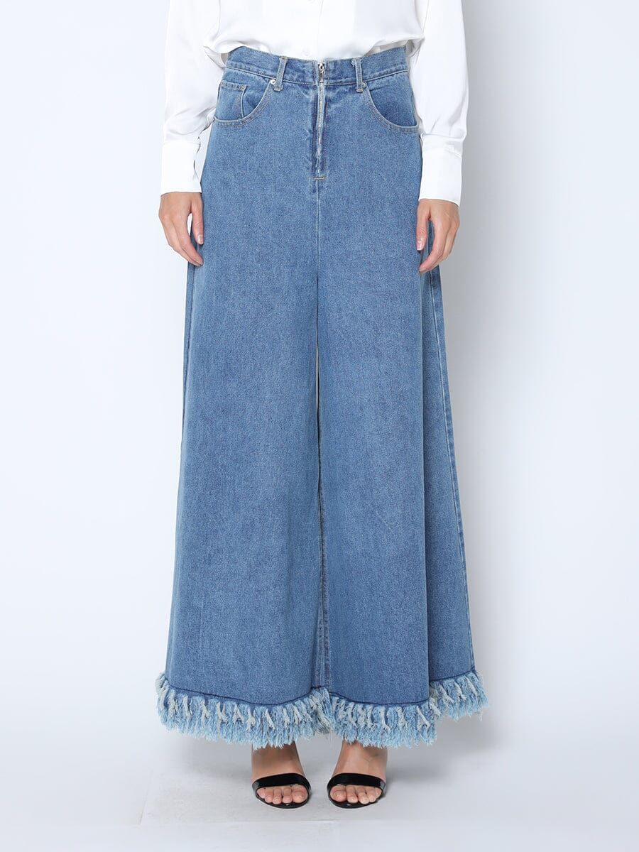 Gracia Fashion Women's Frayed Raw Hem Wide Leg Slouchy Denim Pants - Glamourous Grace