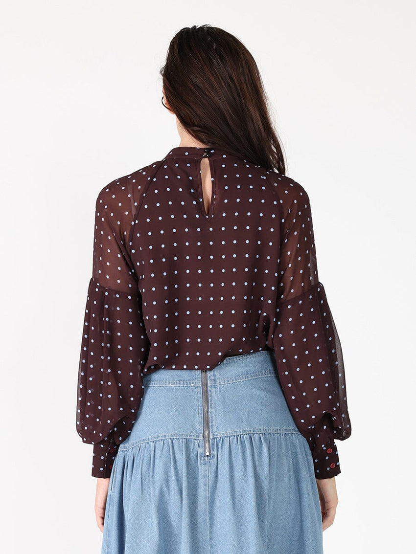 Front ruffle detailed balloon sleeve dot print