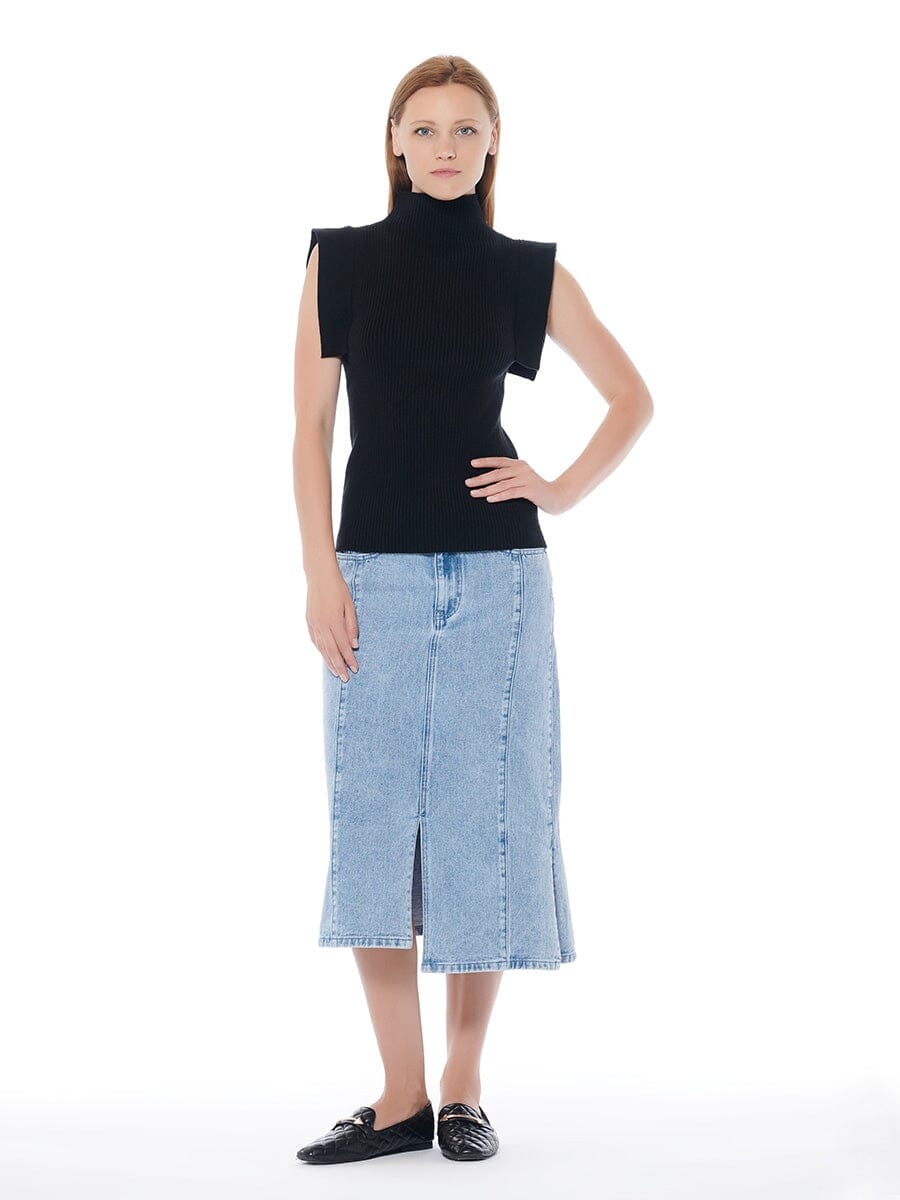 Front & Side Slit Straight Cut Midi Denim Skirt - Glamourous Grace