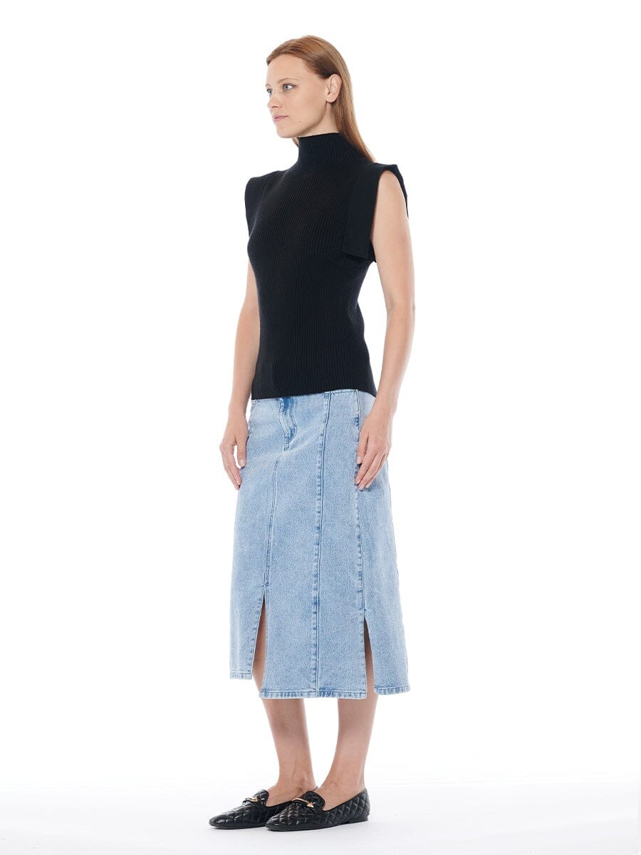 Front & Side Slit Straight Cut Midi Denim Skirt - Glamourous Grace