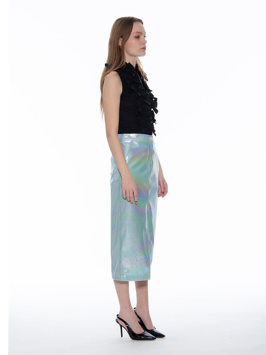 Front Slit Metallic Pleather Pencil Skirt - Glamourous Grace
