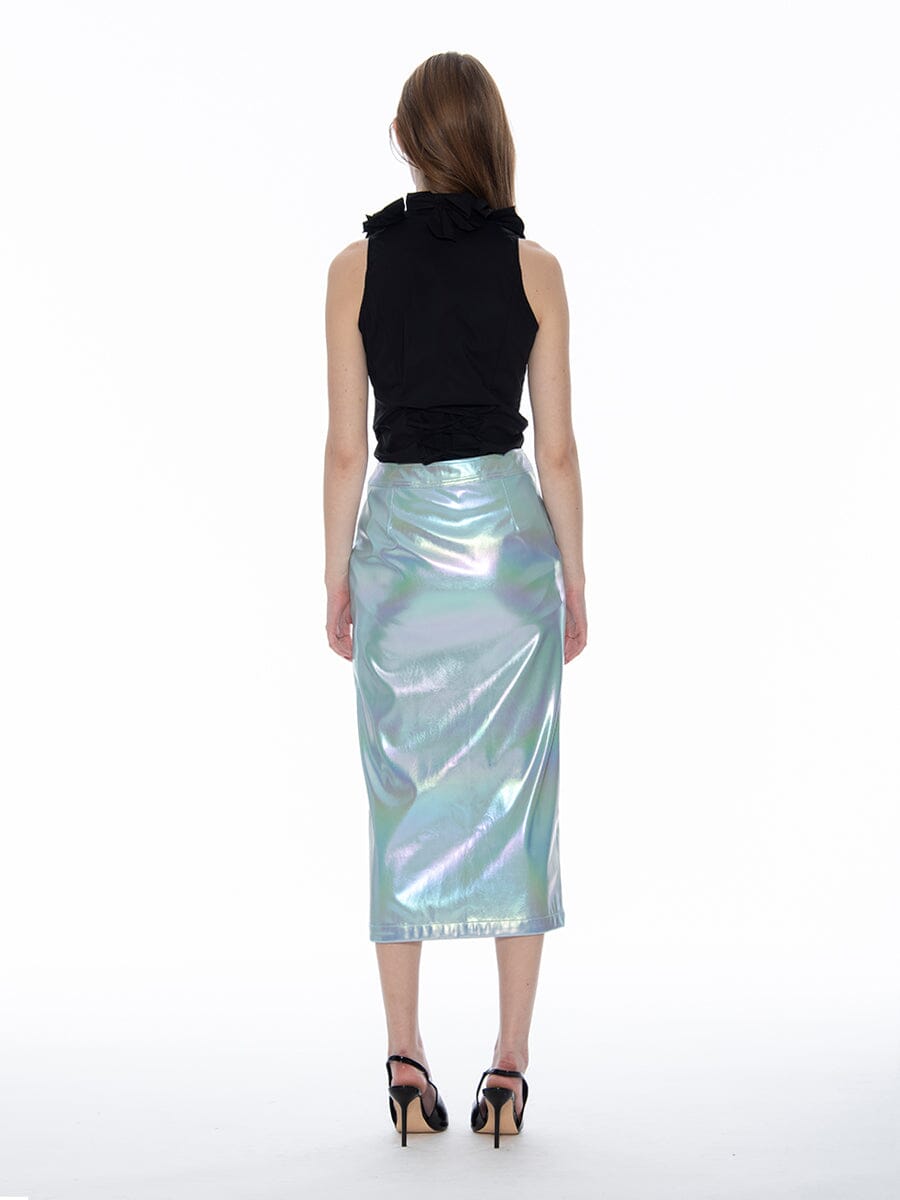 Front Slit Metallic Pleather Pencil Skirt - Glamourous Grace