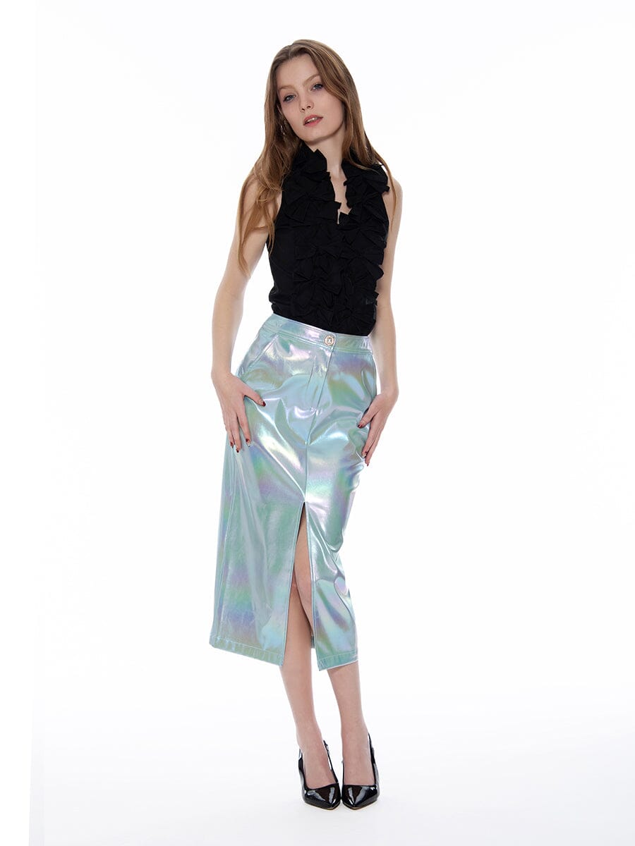 Front Slit Metallic Pleather Pencil Skirt - Glamourous Grace