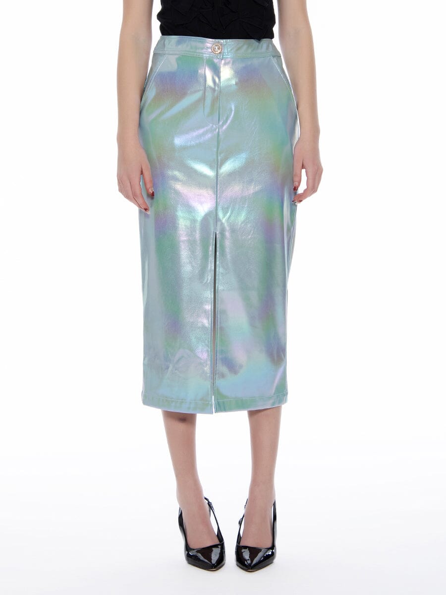 Front Slit Metallic Pleather Pencil Skirt - Glamourous Grace