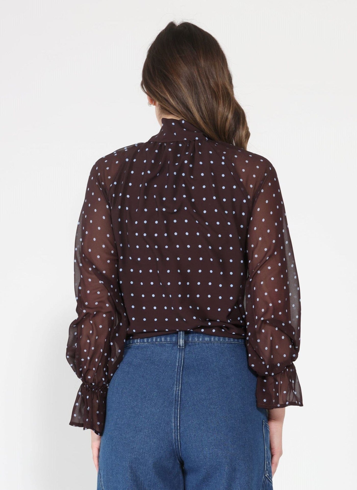 Front Tie Long Sleeve Dot Print Top