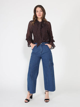 Front Tie Long Sleeve Dot Print Top