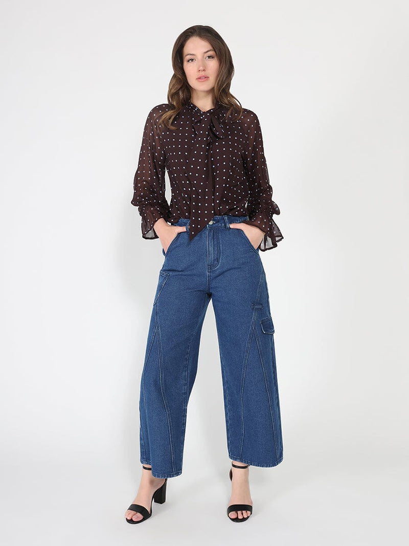 Front Tie Long Sleeve Dot Print Top