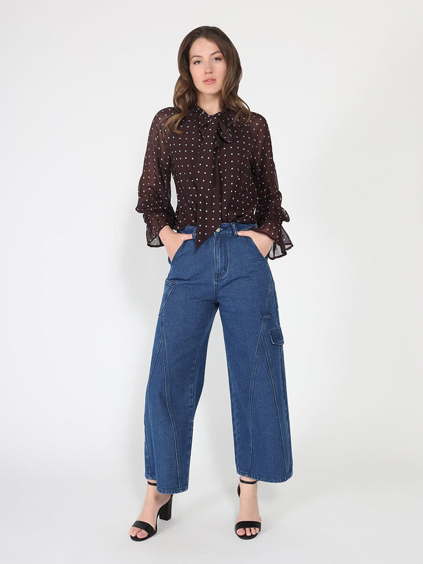 Front Tie Long Sleeve Dot Print Top