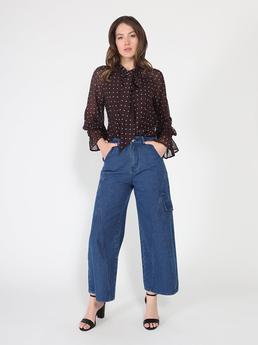 Front Tie Long Sleeve Dot Print Top - Glamourous Grace