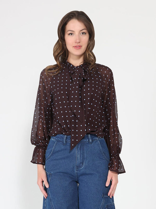 Front Tie Long Sleeve Dot Print Top