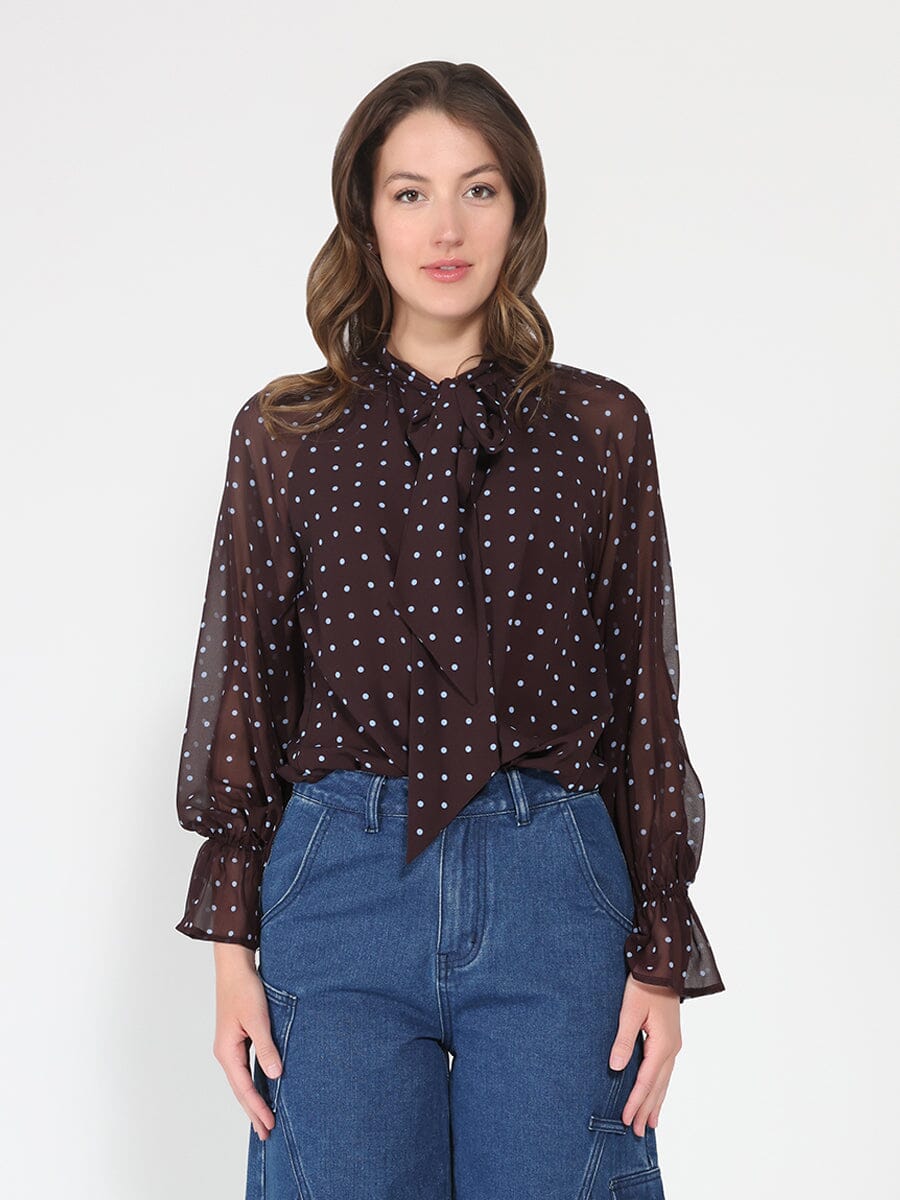 Front Tie Long Sleeve Dot Print Top - Glamourous Grace