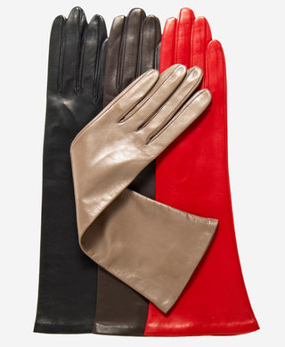 Elena (taupe) - Italian silk lined 6-button length leather opera gloves - Glamourous Grace