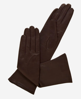 Elena (brown) - Italian silk lined 6-button length leather opera gloves - Glamourous Grace