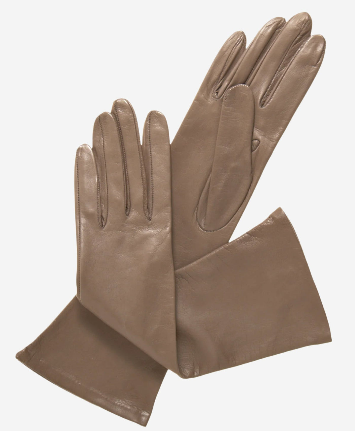 Elena (taupe) - Italian silk lined 6-button length leather opera gloves - Glamourous Grace