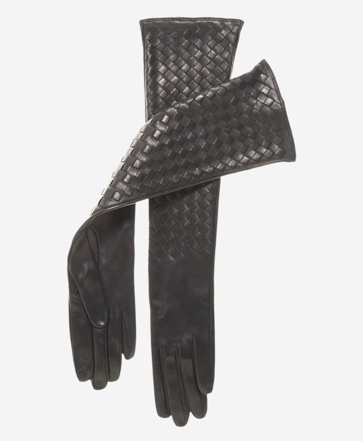 FS04W10 (black) - Italian long woven leather gloves 10-button length - Glamourous Grace