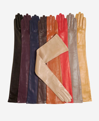 FS15W16 (cognac) - Italian silk lined opera leather gloves 16-button length - Glamourous Grace