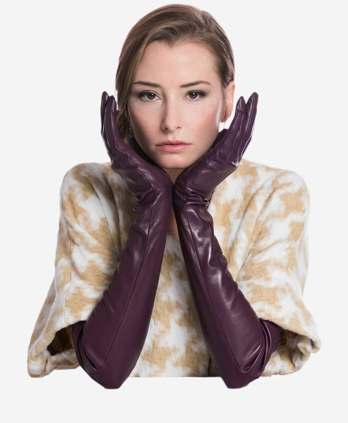FS15W16 (black/grape) - Italian silk lined opera leather gloves 16-button length - Glamourous Grace