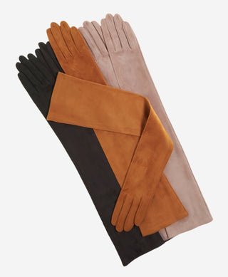 FS15W16SUEDE (taupe) - Italian silk lined suede opera gloves 16-button length - Glamourous Grace