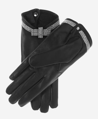FS4321 (black) - Women's Italian silk lined leather gloves with Swarovski crystal bow - Glamourous Grace
