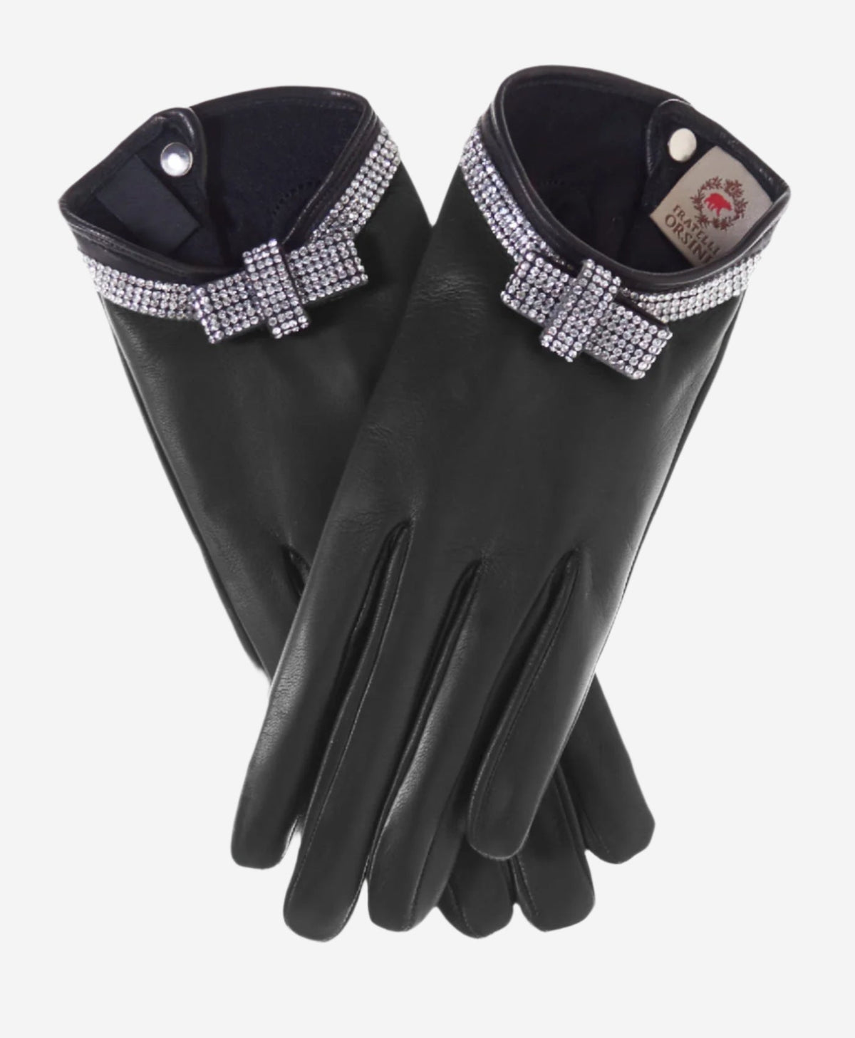 FS4321 (black) - Women's Italian silk lined leather gloves with Swarovski crystal bow - Glamourous Grace
