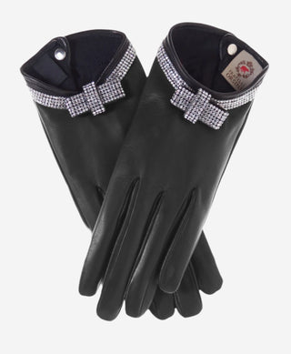 FS4321 (black) - Women's Italian silk lined leather gloves with Swarovski crystal bow - Glamourous Grace