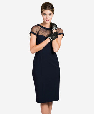 FS4321 (black) - Women's Italian silk lined leather gloves with Swarovski crystal bow - Glamourous Grace