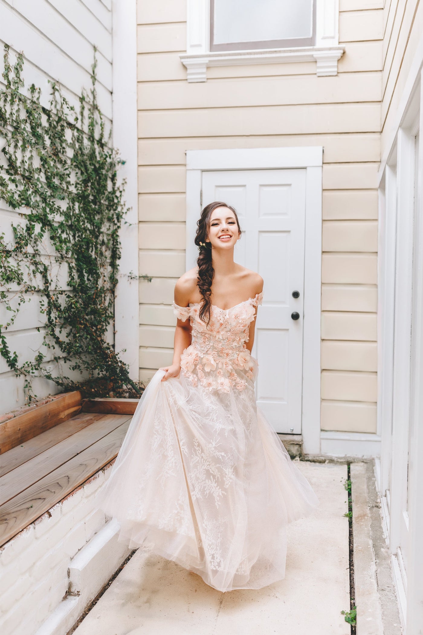 Rubi - 3D Apricot pink floral lace off-the-shoulder A-line tulle prom dress colored wedding dress - Glamourous Grace
