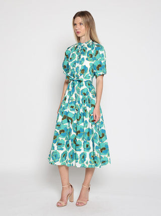 Gathered neck floral print belt dress