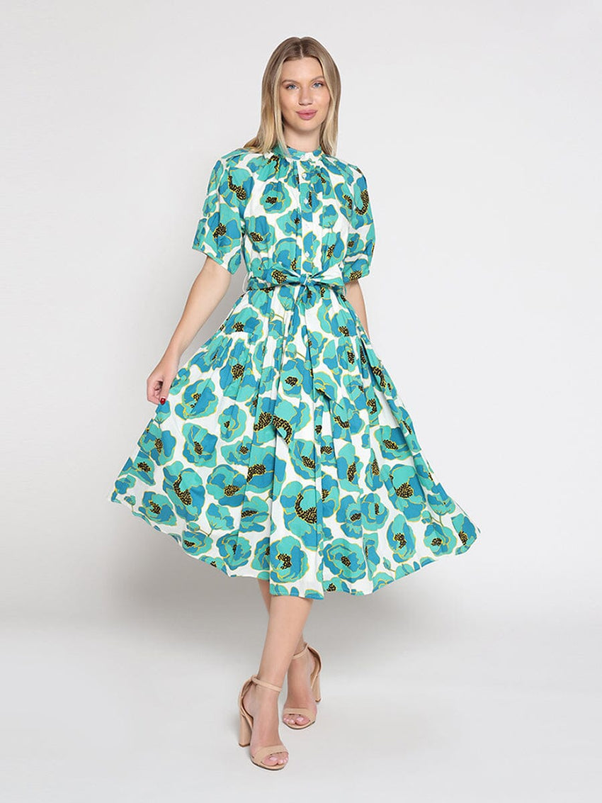 Gathered neck floral print belt dress