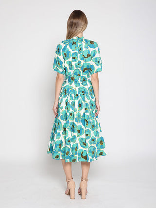 Gathered neck floral print belt dress
